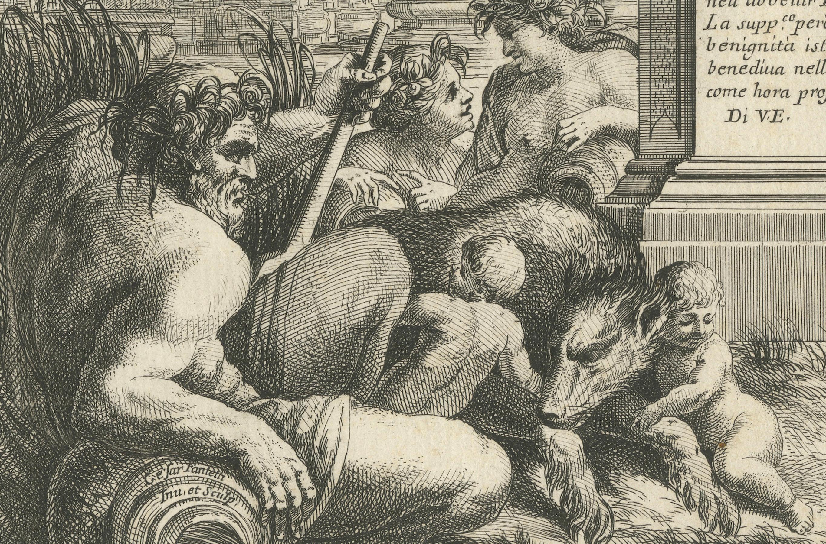 Gravé Gravure d'Armoiries d' Agostino Chigi et Vue de Rome, par C.Fantetti, vers 1690 en vente