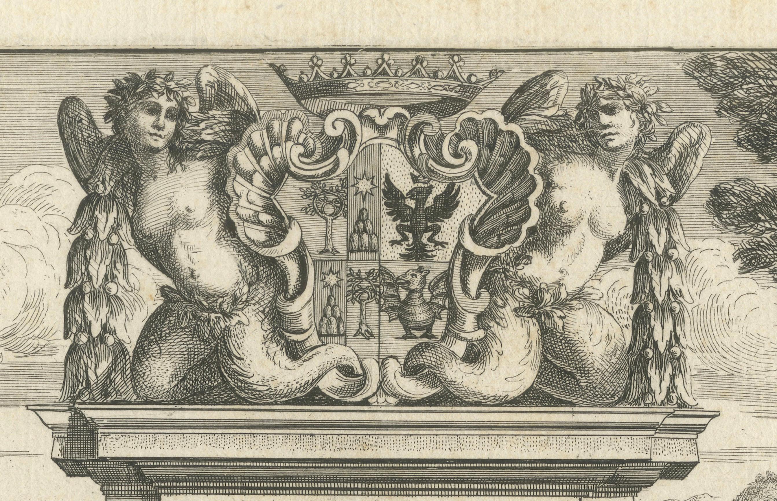 Gravure d'Armoiries d' Agostino Chigi et Vue de Rome, par C.Fantetti, vers 1690 Bon état - En vente à Langweer, NL