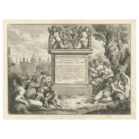 Etching of Agostino Chigi's Coat of Arms and View of Rome, by C.Fantetti, c.1690