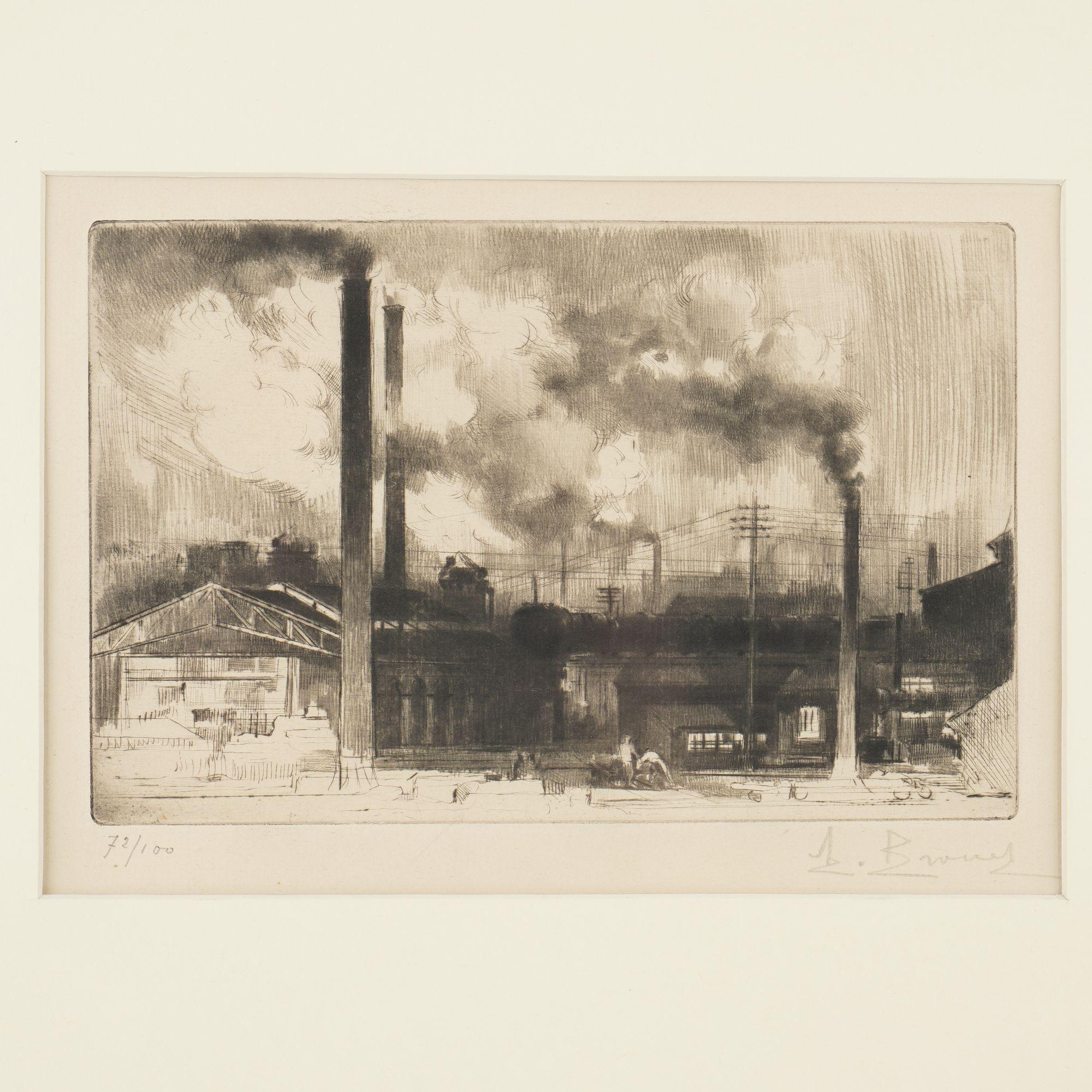 Un grabado muy bien impreso de una zona industrial. Montaje de archivo y enmarcado. Auguste Brouet estudió en París a finales de la década de 1880 y se dedicó a la ilustración de libros. Aunque es un tradicionalista clásico, su obra destaca por una