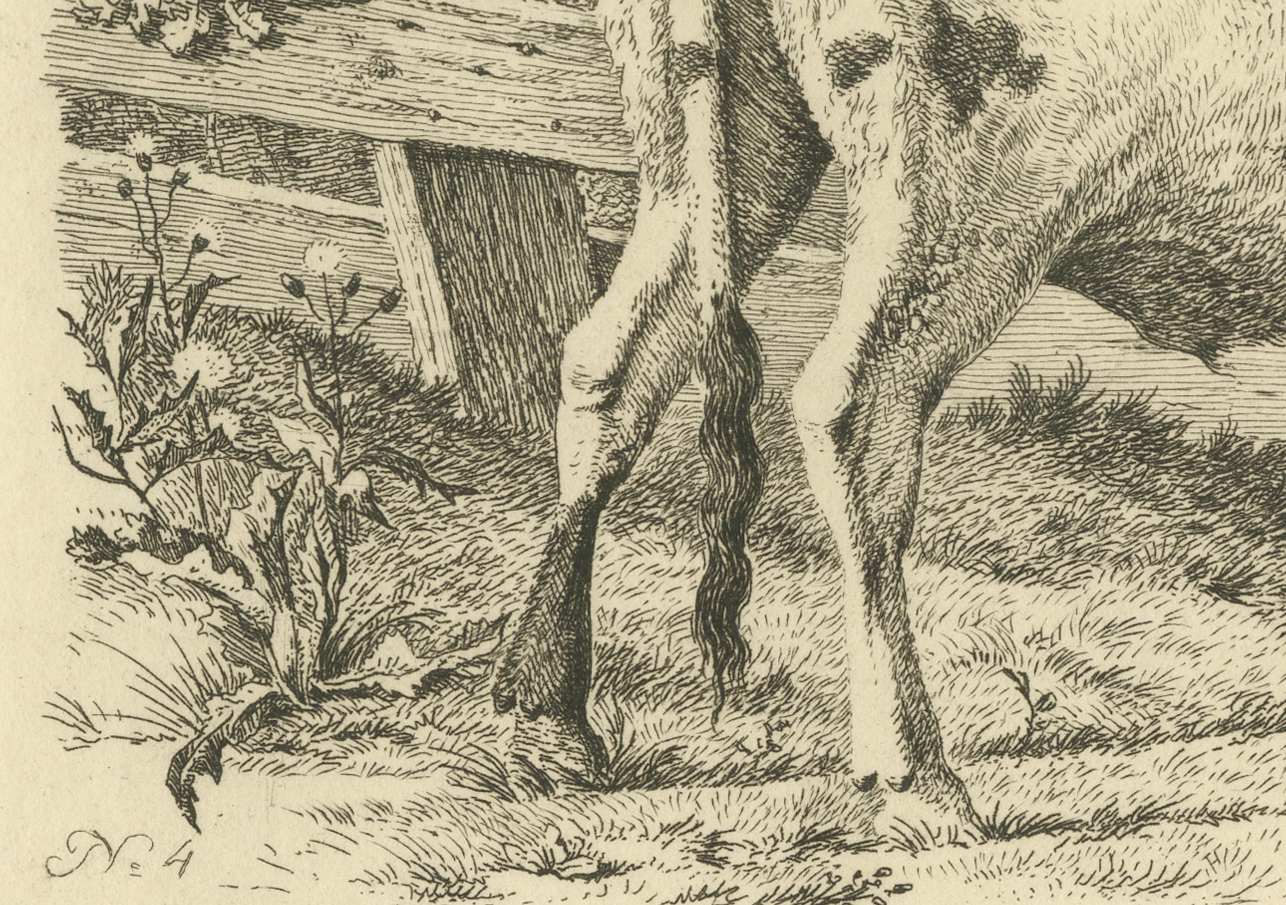 Radierung einer grasenden Kuh von Fence: Bauernsszene, hergestellt von A.Oberman im Jahr 1809 (Frühes 19. Jahrhundert) im Angebot