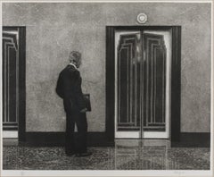 Etching of Man at Empire State Building Elevator by Max Ferguson, USA, 1980s