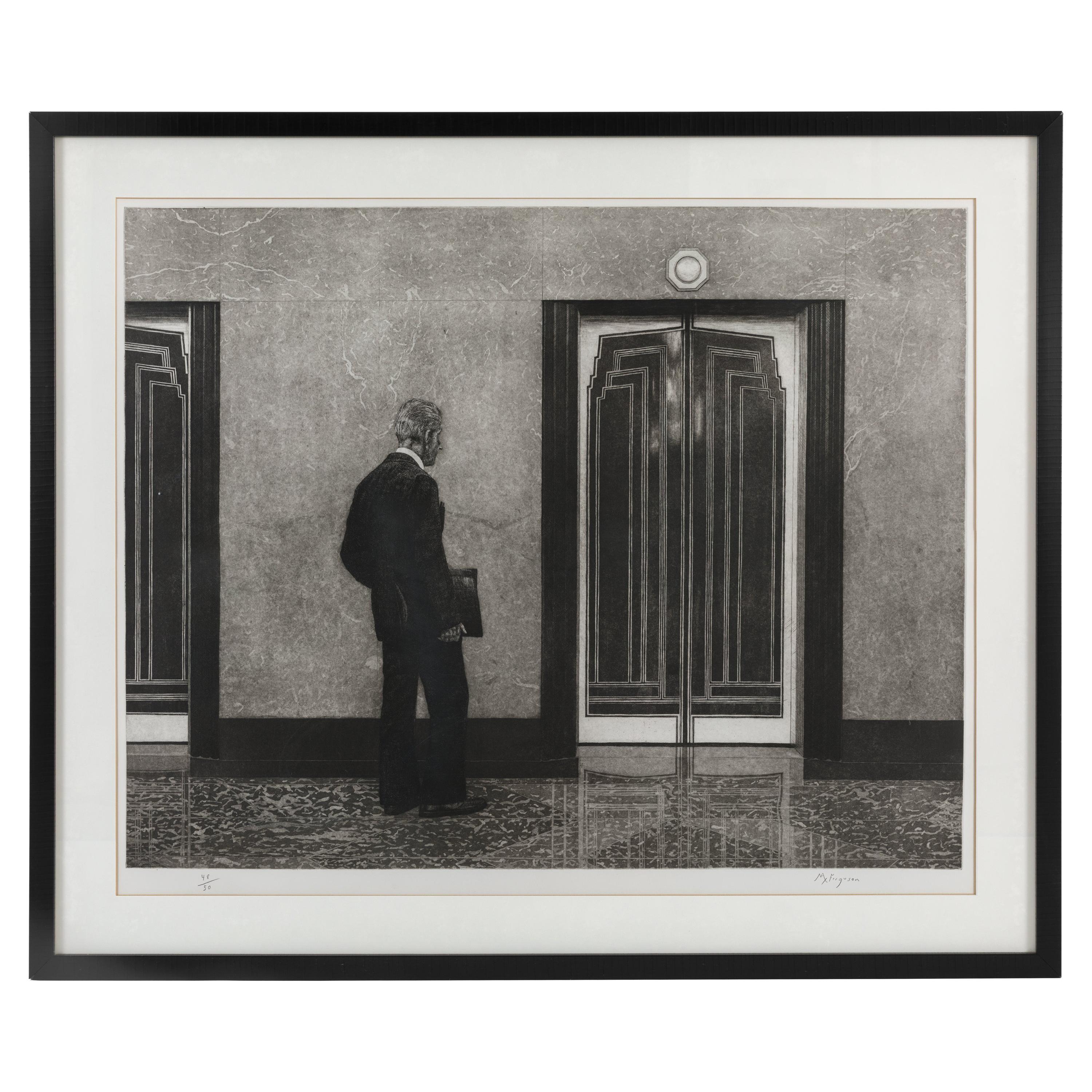 Etching of Man at Empire State Building Elevator by Max Ferguson, USA, 1980s