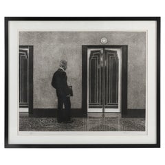 Acquaforte di uomo all'ascensore dell'Empire State Building di Max Ferguson, USA, anni '80