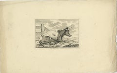 Etching of Resting Cow by Fence: Rural Scene by Anthony Oberman, 1810