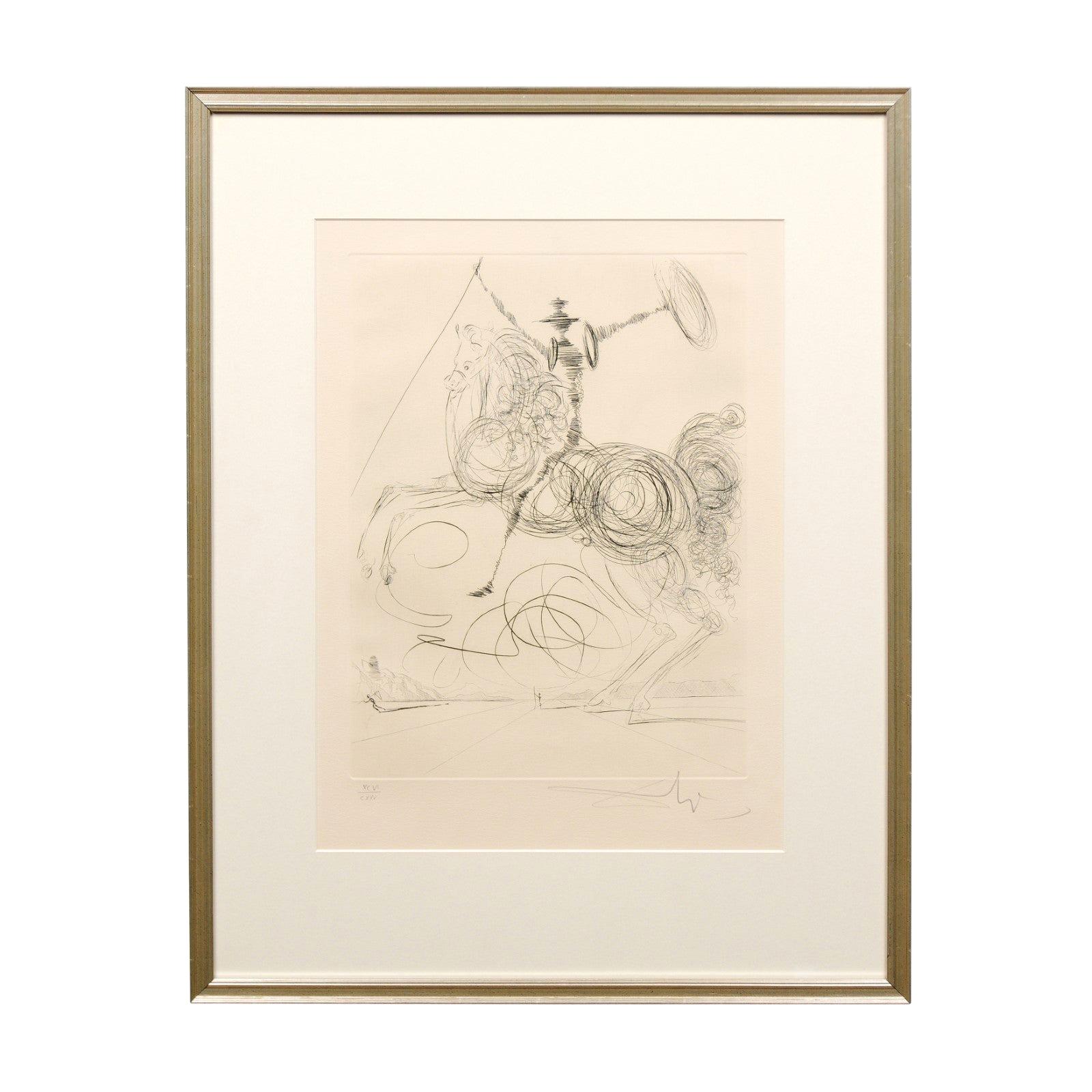 Etching of Salvador Dali's "Don Quichotte" 'Horseman' Signed in a Silver Frame