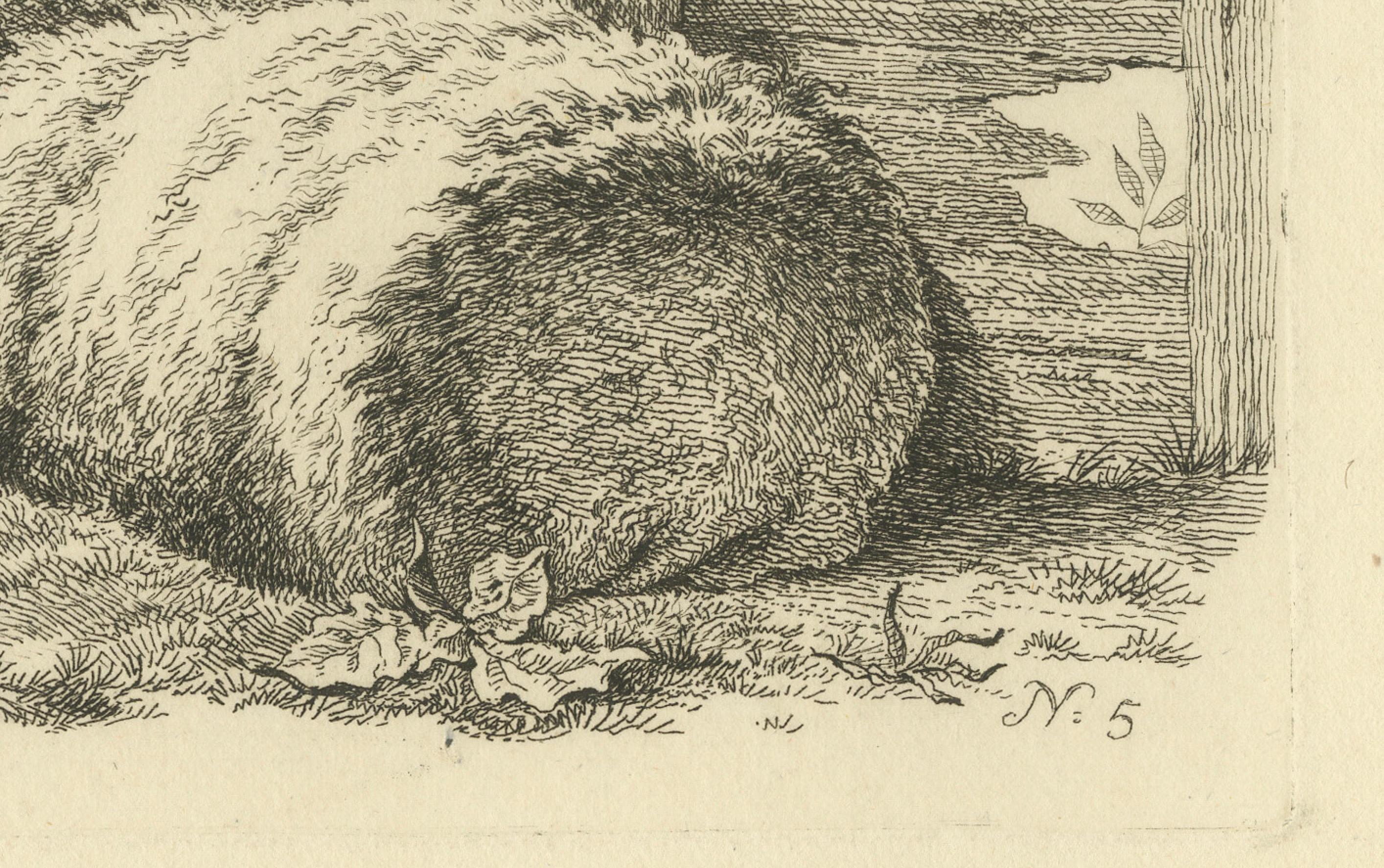 Early 19th Century Etching of Three Sheep Resting by Fence: Farm Animal Study, by Oberman in 1810 For Sale