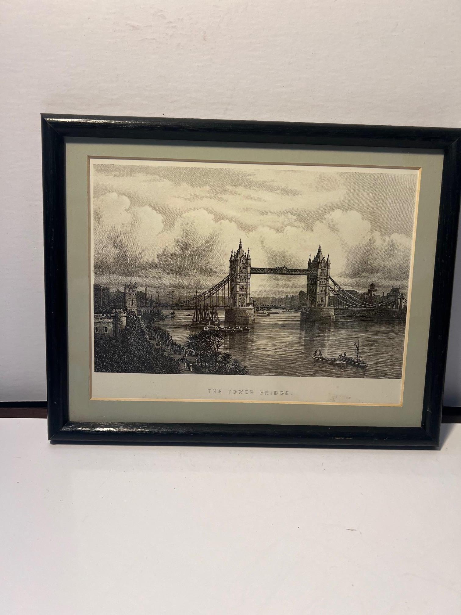 Tower Bridge etching late 19th century.

Small smudge bottom right near mount in margin.

Otherwise, good condition.

Modern frame, probably a book plate.

