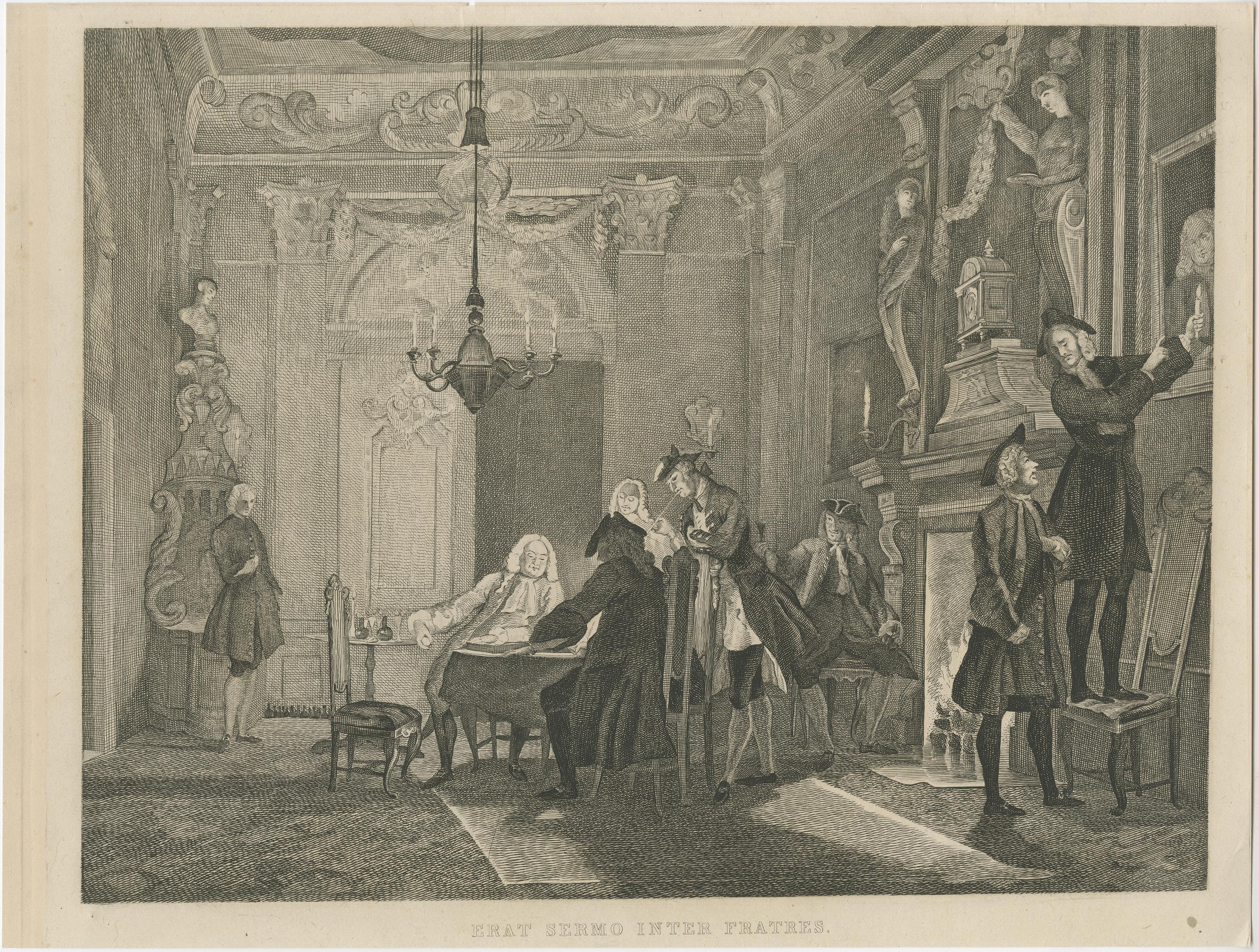 Antique print titled 'Erat Sermo Inter Fratres'. 

Etching on chine collé after the painting by Cornelis Troost. It shows a Dutch interior with a group of Dutch friends gathered in the house of Biberius by night; some men seated around a table and