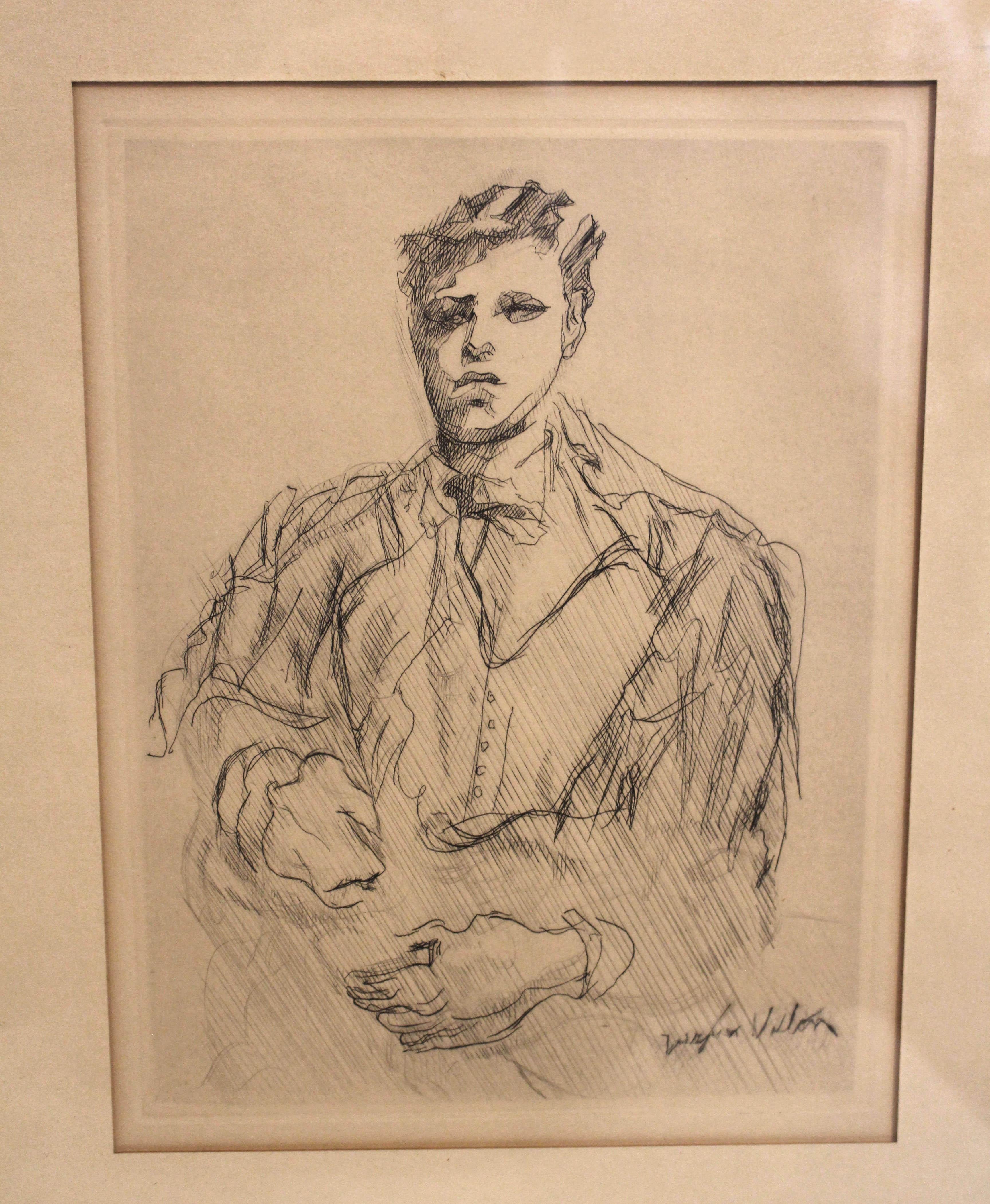 Mid-Century Modern Etching portrait of Arthur Rimbaud, 1961, by Jacques Villon (French, 1875-1963) For Sale