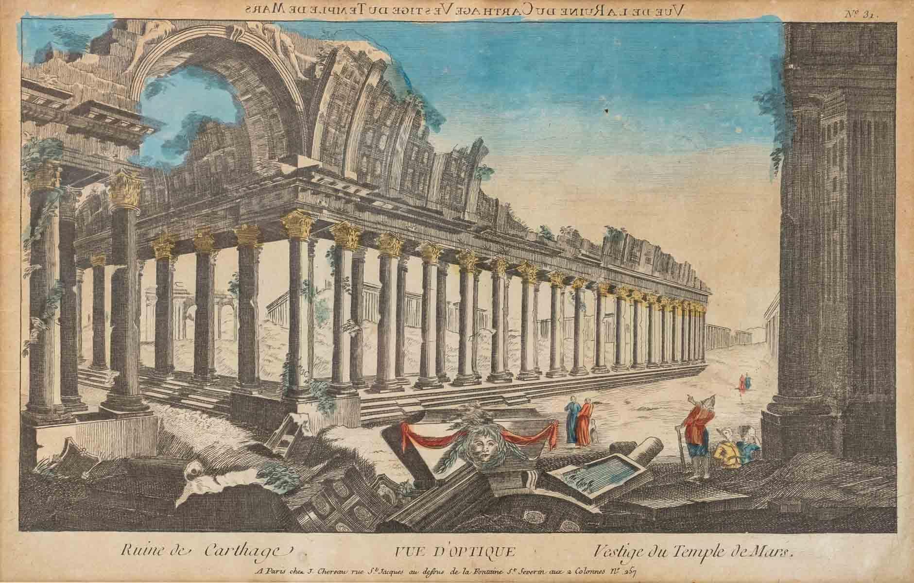 A delightful watercolour etching depicting the ruins of Carthage, remnants of the Temple of Mars.
This type of engraving was mainly produced on copper and is known as an 