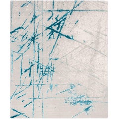 'Etchings_Teal', Hand-Knotted Contemporary, Abstract Wool and Silk Tibetan Rug