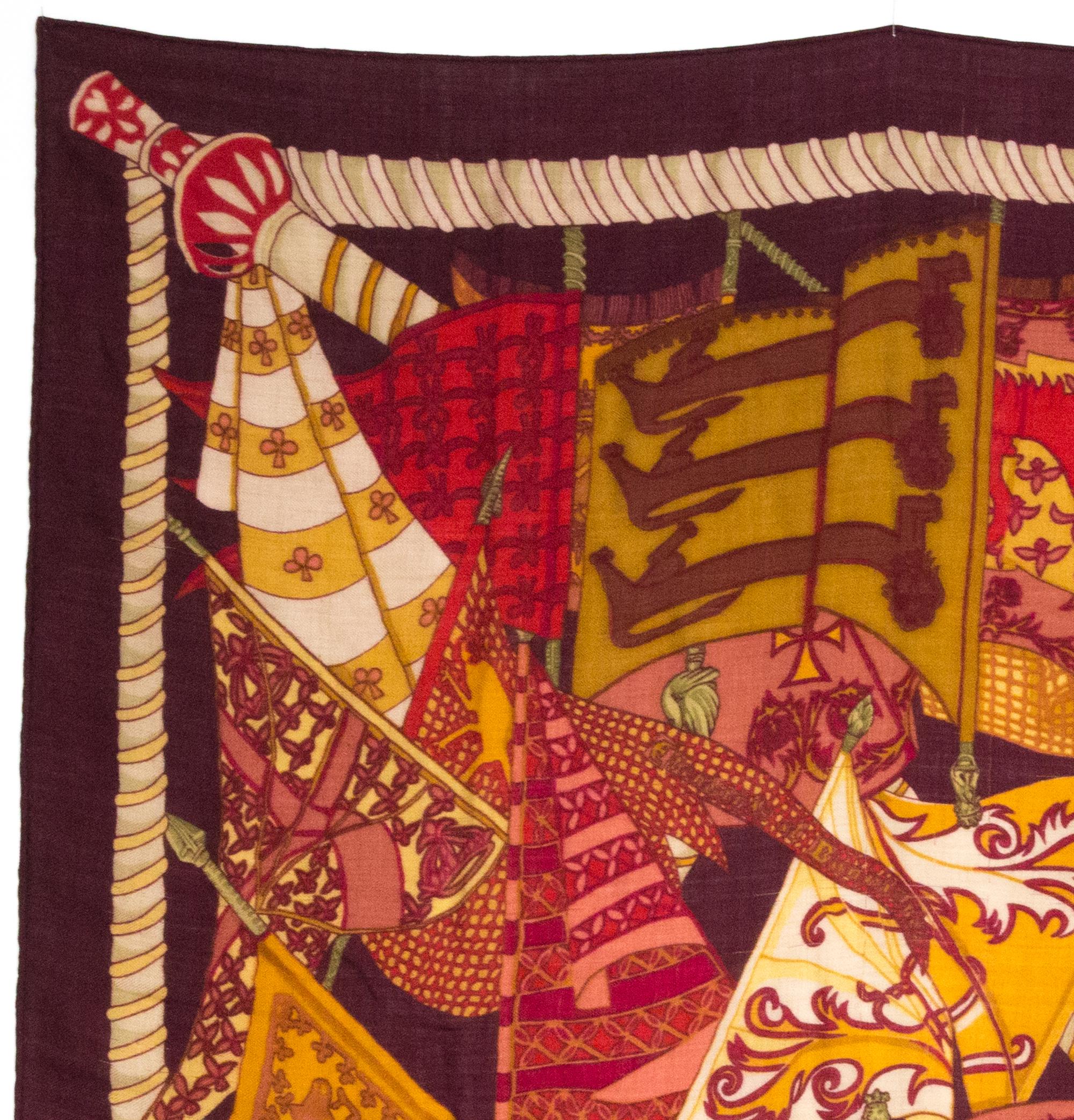 Brown Etendards et Bannieres by Annie Faivre Hermes Cashmere Scarf For Sale