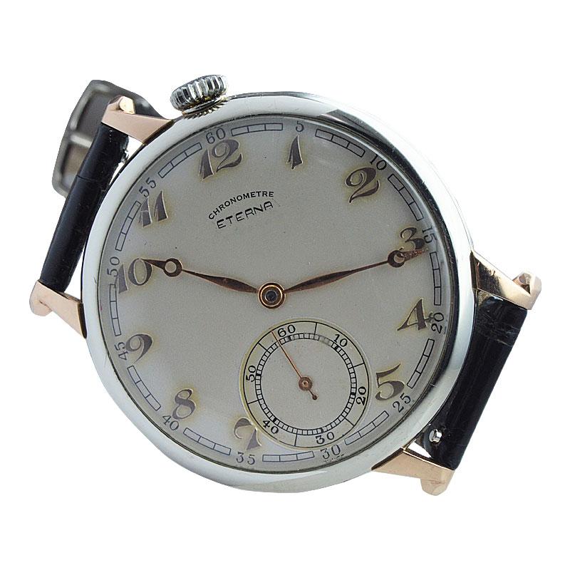 Eterna 18 Karat White and Rose Gold Art Deco Oversized Pocket Wristwatch, 1930s In Excellent Condition For Sale In Long Beach, CA