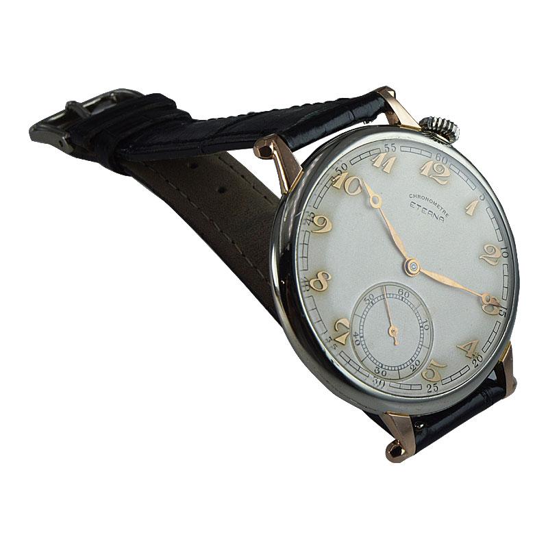 Women's or Men's Eterna 18 Karat White and Rose Gold Art Deco Oversized Pocket Wristwatch, 1930s For Sale