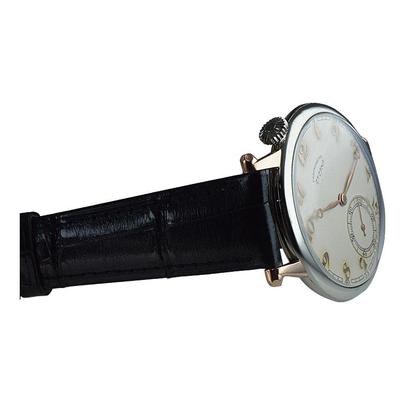 Eterna 18 Karat White and Rose Gold Art Deco Oversized Pocket Wristwatch, 1930s For Sale 1