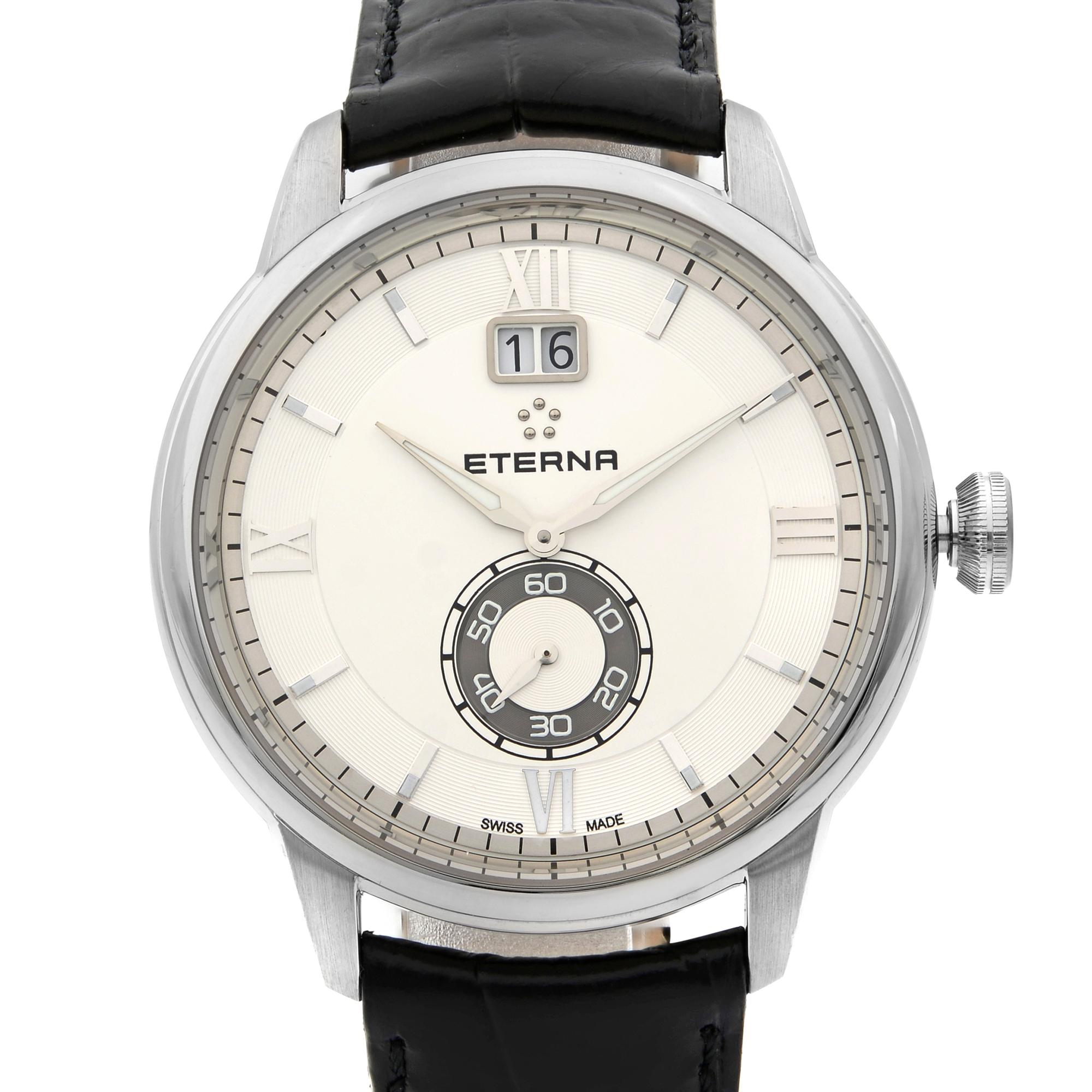 This display model Eterna Adventic  2971.41.66.1327 is a beautiful men's timepiece that is powered by quartz (battery) movement which is cased in a stainless steel case. It has a round shape face, date indicator, small seconds subdial dial and has