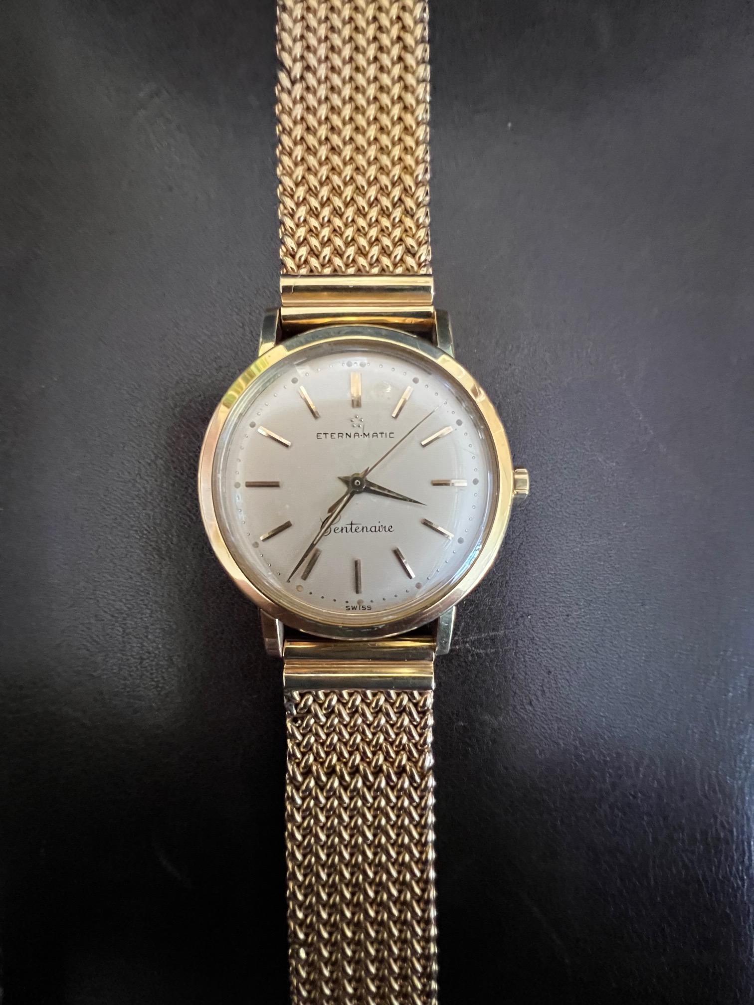 A beautiful and rare, time capsule Eterna 18k gold watch with matching 18k gold bracelet. Original box, hang tag, very good/excellent condition-unpolished, inside case free of jewelers marks or previous repairs. Total weight with bracelet is 68.8