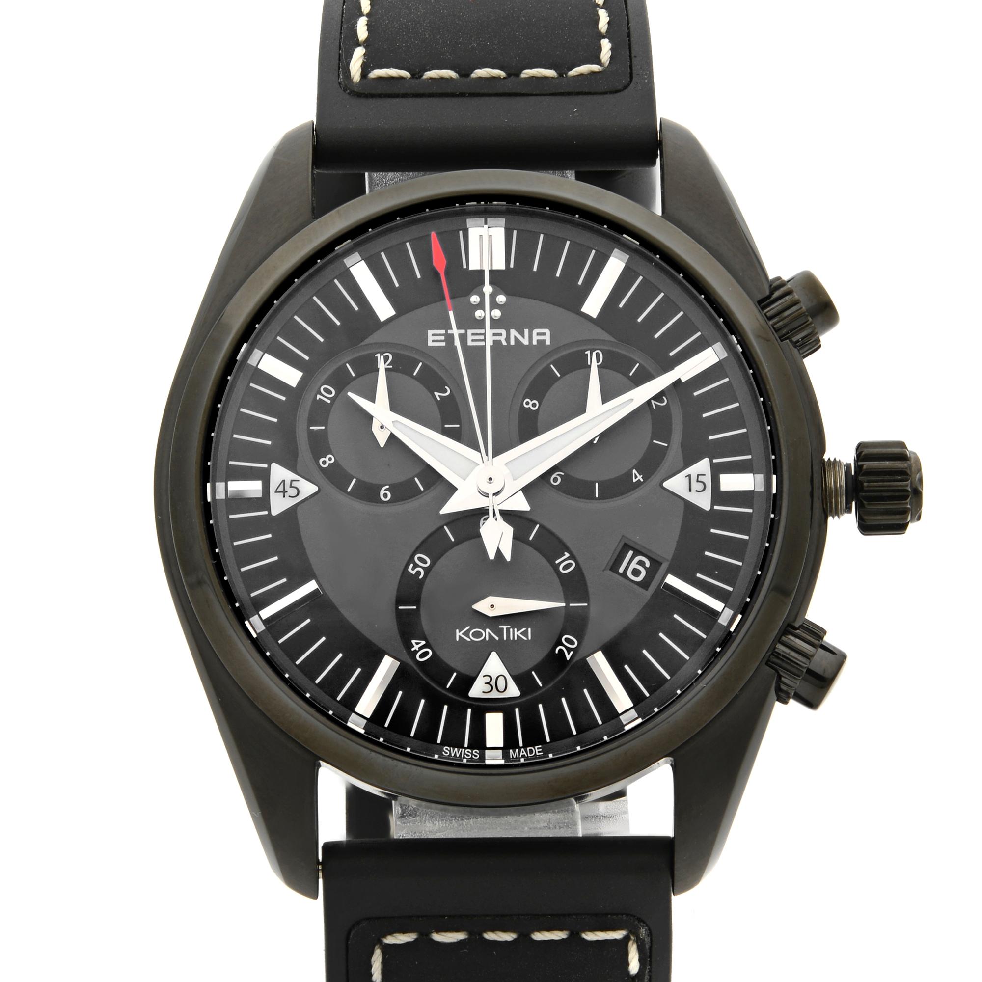 This display model Eterna Kontiki  1250.43.41.1308 is a beautiful men's timepiece that is powered by quartz (battery) movement which is cased in a stainless steel case. It has a round shape face, chronograph, date indicator, small seconds subdial