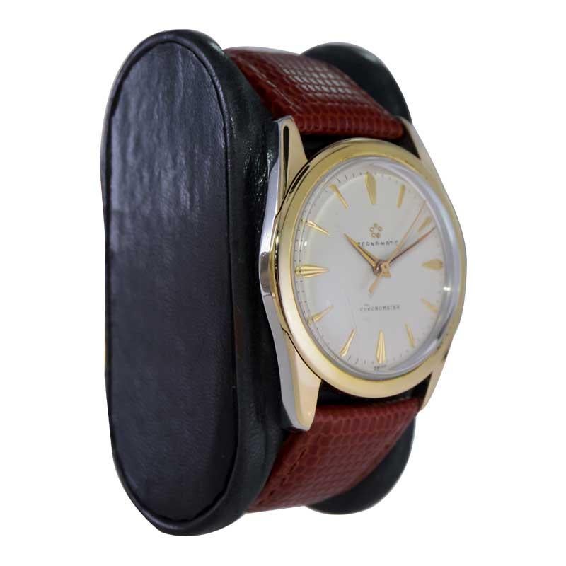 FACTORY / HOUSE: Eterna Watch Company
STYLE / REFERENCE: Round Automatic
METAL / MATERIAL: Yellow Gold Filled 
CIRCA / YEAR: 1950's
DIMENSIONS / SIZE: Length 42mm X Diameter 34mm
MOVEMENT / CALIBER: Automatic Winding / 17 Jewels 
DIAL / HANDS: