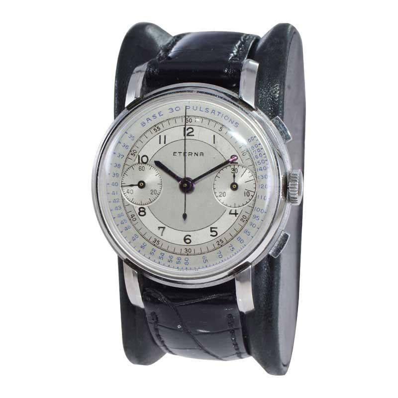 Eterna Stainless Steel 1930's Doctor's Pulsation Chronograph Watch In Excellent Condition For Sale In Long Beach, CA