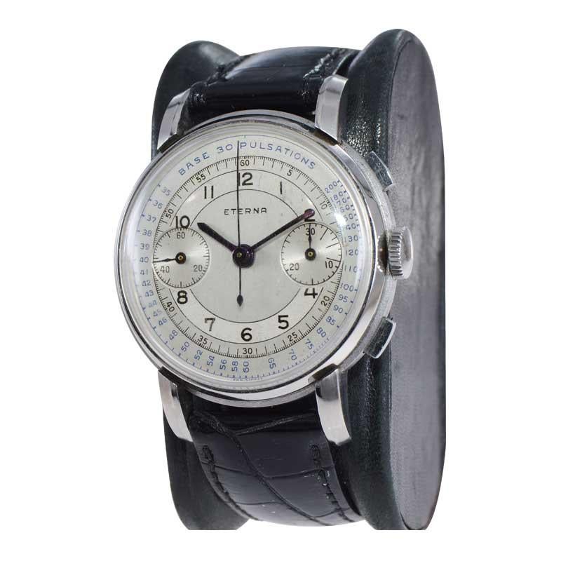 Men's Eterna Stainless Steel 1930's Doctor's Pulsation Chronograph Watch For Sale