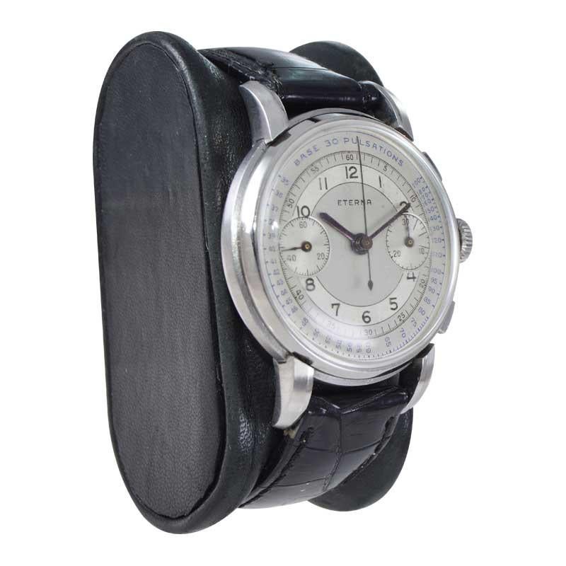 FACTORY / HOUSE: Eterna Watch Company
STYLE / REFERENCE: Art Deco / Two Register Chronograph / 30 Pulsations
METAL / MATERIAL: Stainless Steel 
DIMENSIONS: Length 47mm X Diameter 37mm
CIRCA: 1930's
MOVEMENT / CALIBER: Manual Winding / 17 Jewels