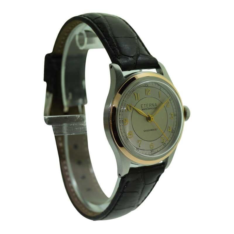 Eterna Stainless Steel and Gold Mid Size Wristwatch, circa 1940s In Excellent Condition In Long Beach, CA