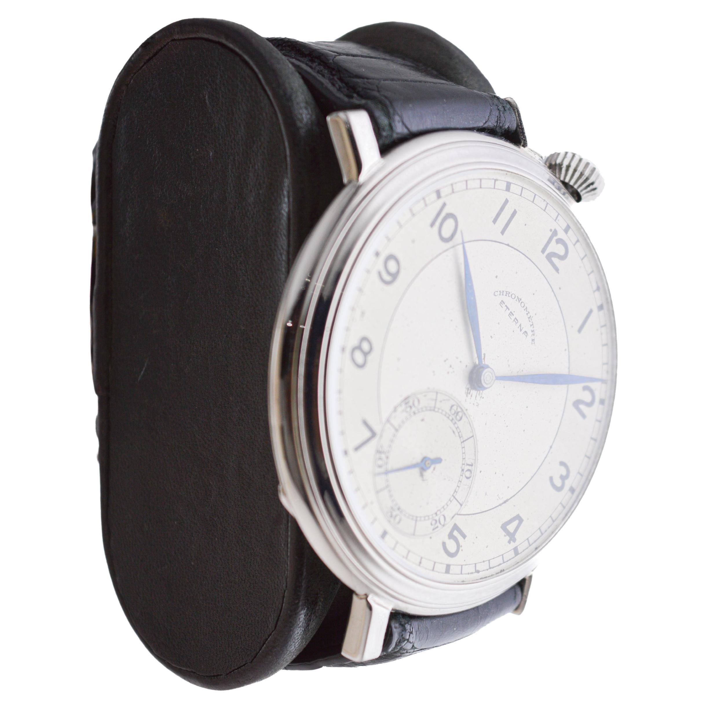 FACTORY / HOUSE: Eterna Watch Company
STYLE / REFERENCE: Art Deco / Oversized 
METAL / MATERIAL: Nickel Silver
CIRCA / YEAR: 1920's
DIMENSIONS / SIZE: Length 55mm X Diameter 49mm
MOVEMENT / CALIBER: Manual Winding / 15 Jewels / Caliber High
