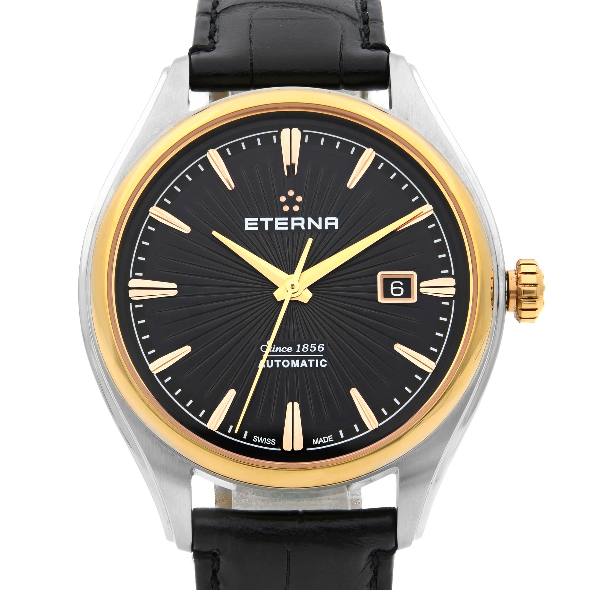 This pre-owned Eterna  2945.51.41.1337 is a beautiful men's timepiece that is powered by a mechanical (automatic) movement which is cased in a stainless steel case. It has a round shape face, date indicator dial, and has hand sticks style markers.