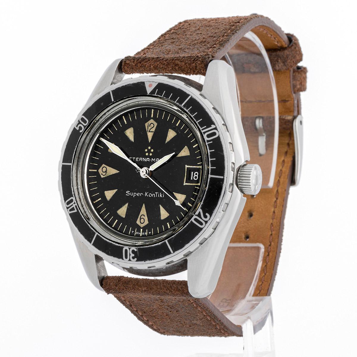 Montre pour homme Eterna Super Kontiki modèle plongeur vintagte, boîtier en acier de 40 mm et bracelet en cuir