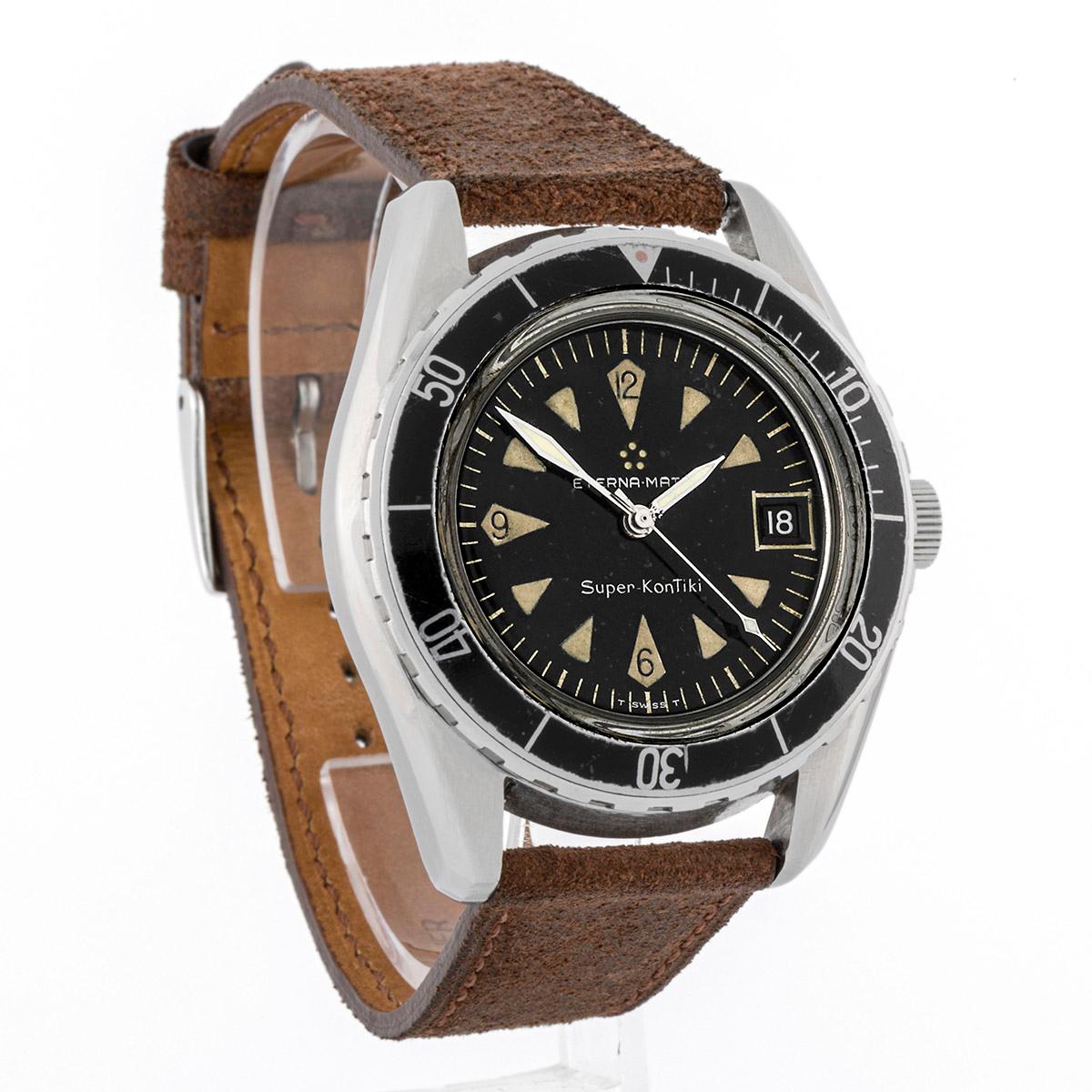 Montre pour homme Eterna Super Kontiki 40mm boîtier en acier et bracelet en cuir Bon état - En vente à MADRID, ES