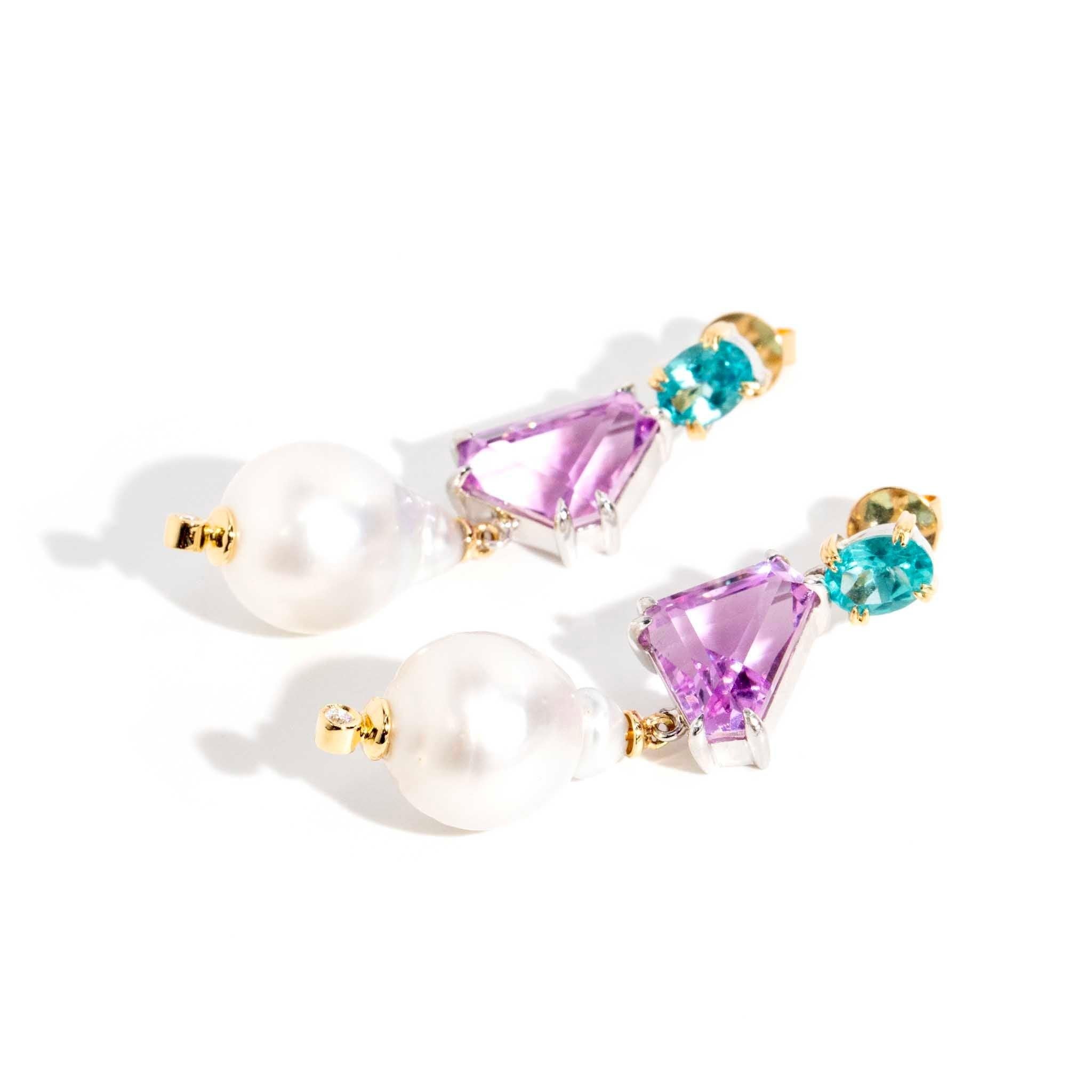 Contemporary 'Eternal Bliss' Kunzite Apatite South Sea Pearl & Diamond Earrings 18ct & Silver For Sale