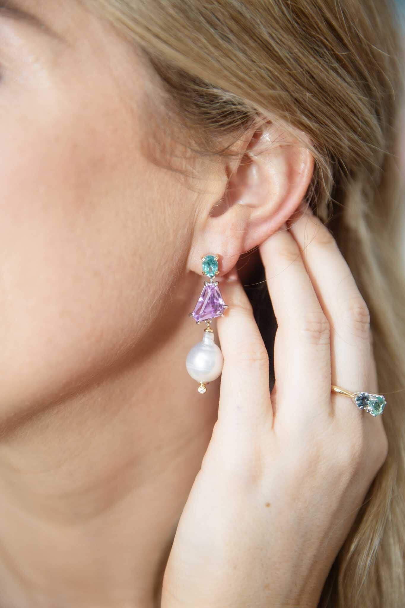 Kite Cut 'Eternal Bliss' Kunzite Apatite South Sea Pearl & Diamond Earrings 18ct & Silver For Sale