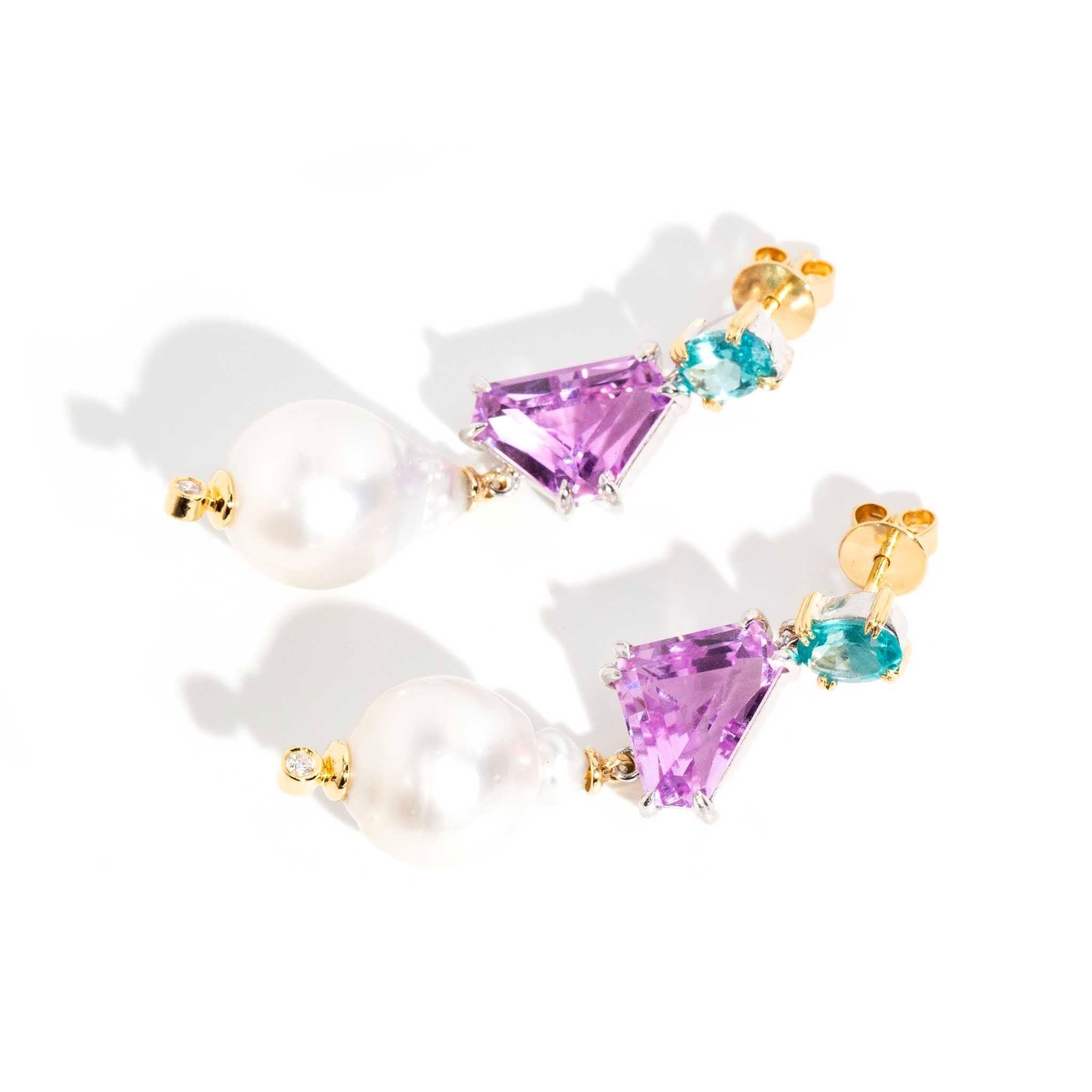 'Eternal Bliss' Kunzite Apatite South Sea Pearl & Diamond Earrings 18ct & Silver In New Condition For Sale In Hamilton, AU