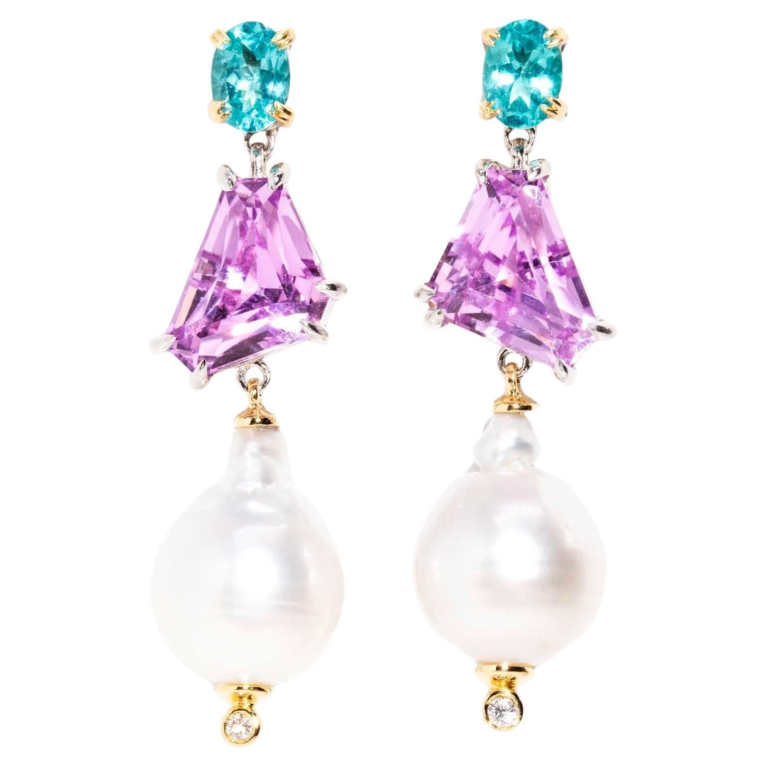 'Eternal Bliss' Kunzite Apatite South Sea Pearl & Diamond Earrings 18ct & Silver For Sale