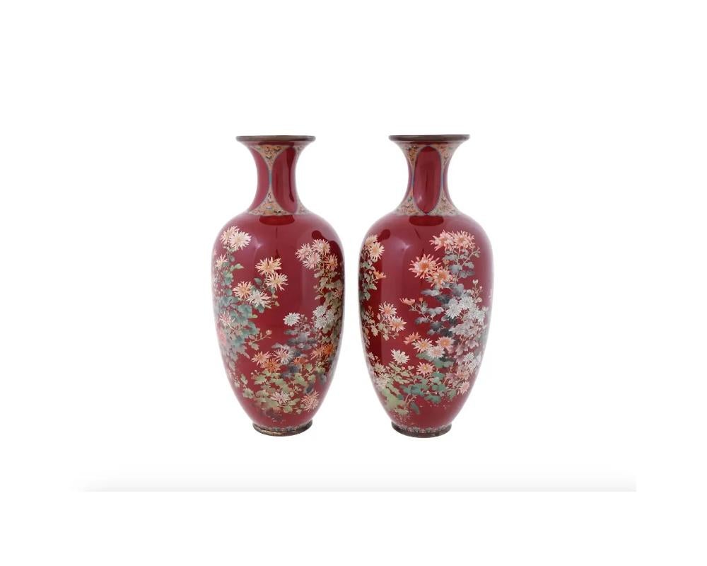 Cloissoné Eternal Blooms: Meiji Period Japanese Cloisonné Red Vases Adorned with Multi-Col