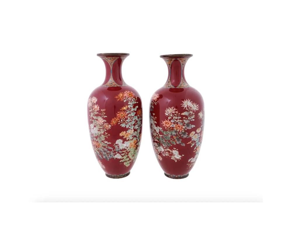 Eternal Blooms: Meiji Period Japanese Cloisonné Red Vases Adorned with Multi-Col In Good Condition In New York, NY