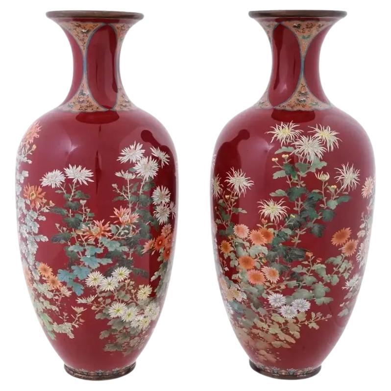 Eternal Blooms: Meiji Period Japanese Cloisonné Red Vases Adorned with Multi-Col