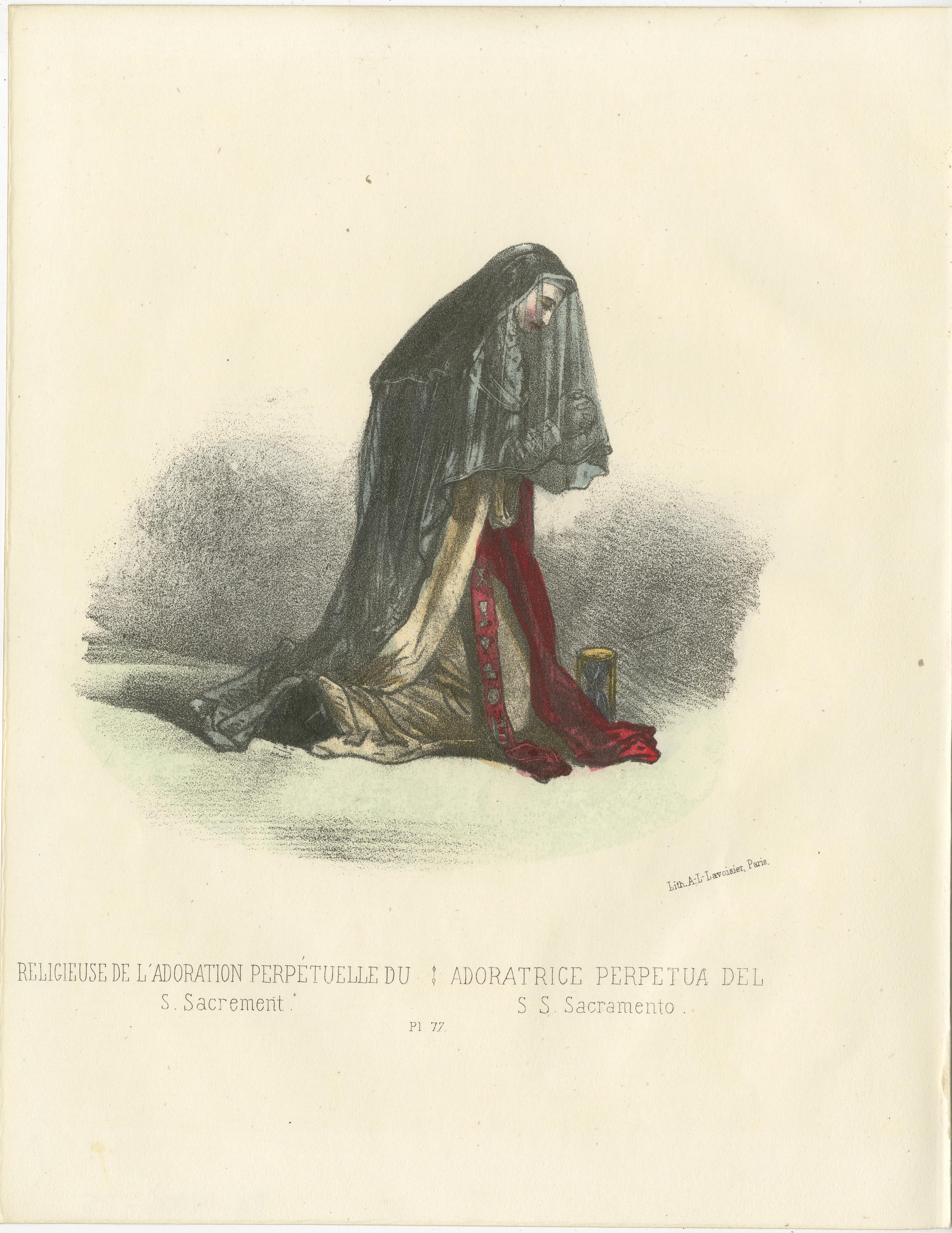 Eternal Devotion in Prayer: Handkolorierter religiöser Adorer-Druck, Teller 77, 1862  

Diese ergreifende handkolorierte Lithografie, Ewige Hingabe im Gebet, ist Tafel 77 aus der zweiten Ausgabe von Album ou Collection Complète, et Historique des