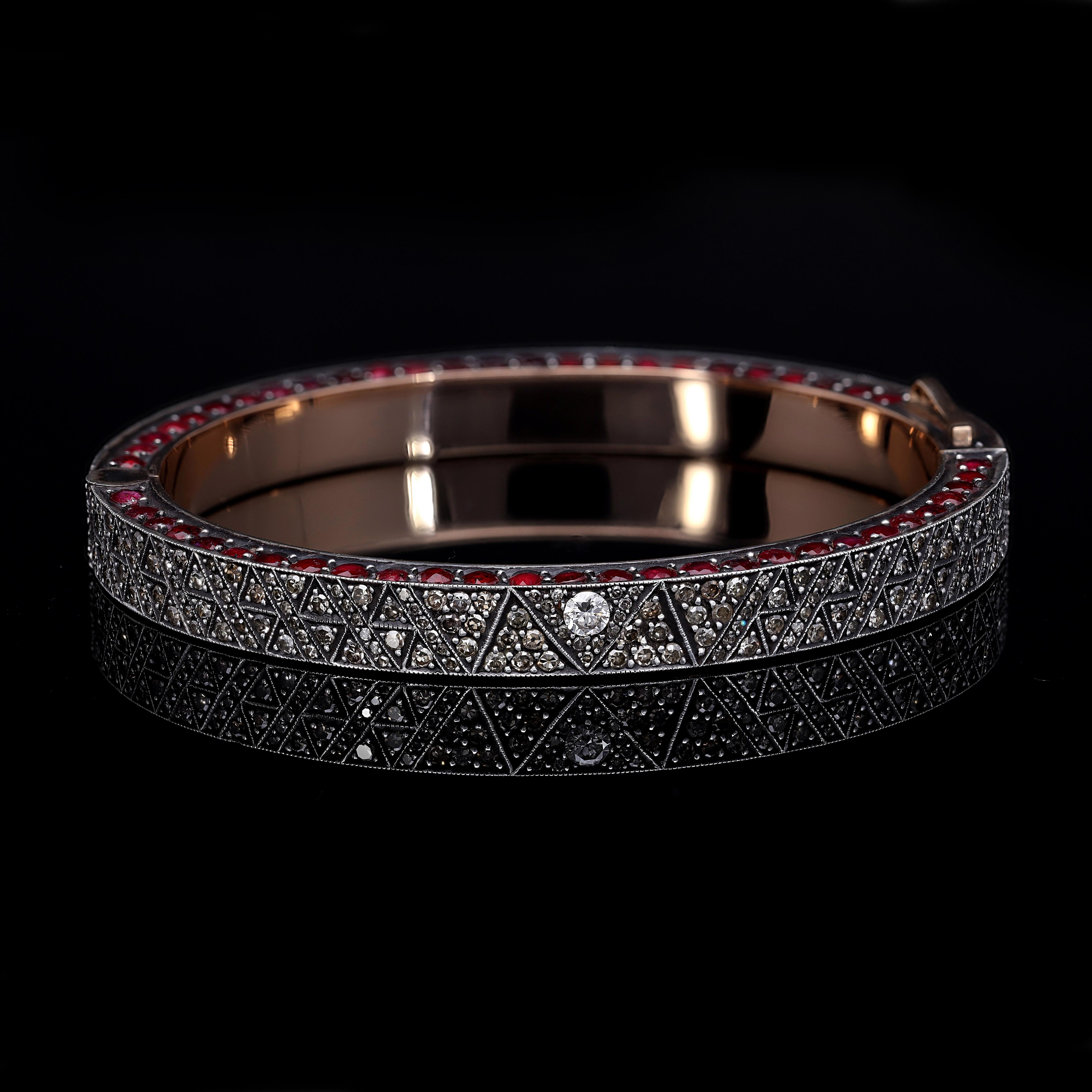 Contemporary Silver and 24k Gold Bangle with Ruby and Diamond For Sale