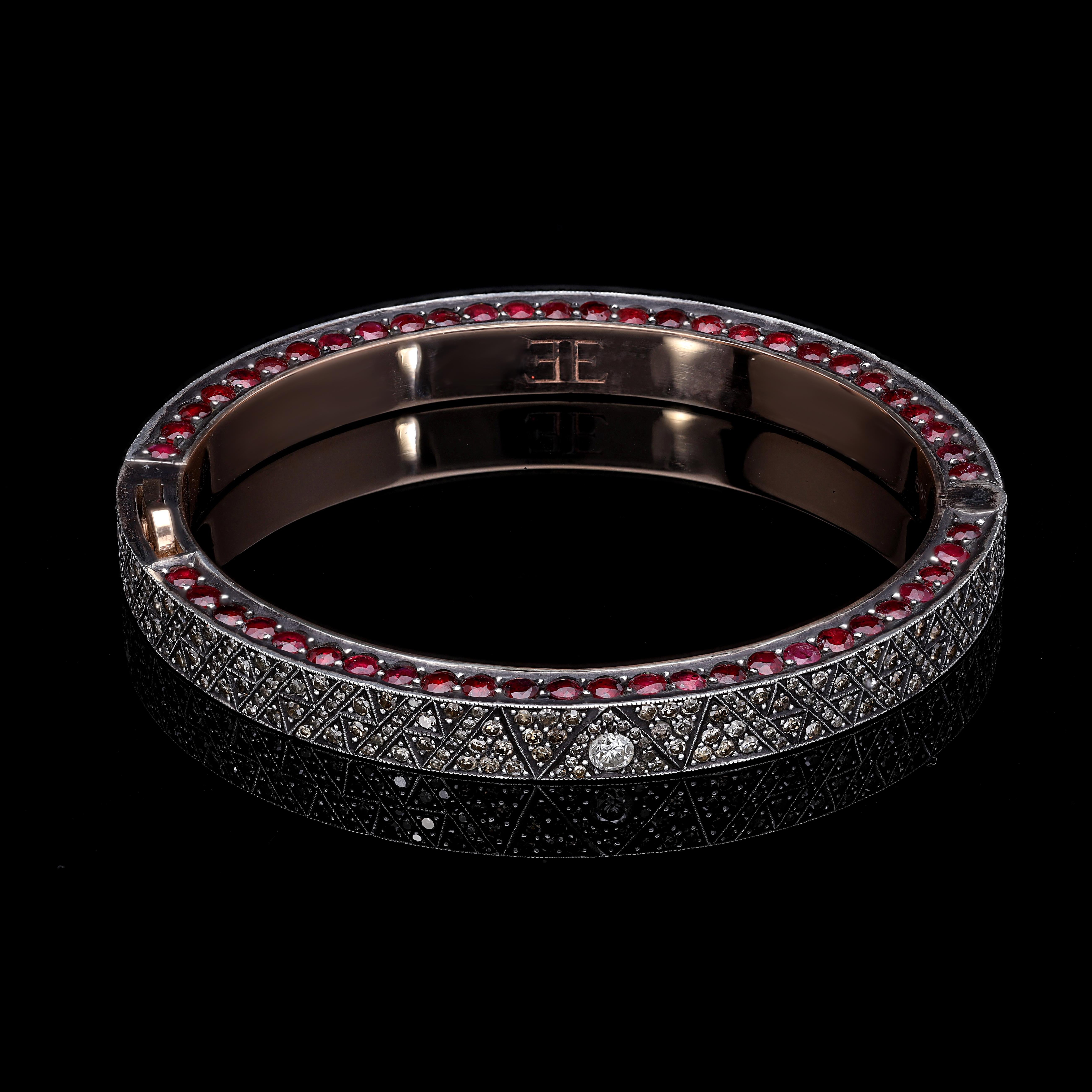 Round Cut Silver and 24k Gold Bangle with Ruby and Diamond For Sale