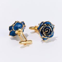 Eternal Rose Blue Velvet Cufflinks, Blue, Gold-Dipped Real Rose, 24k Gold, Gloss