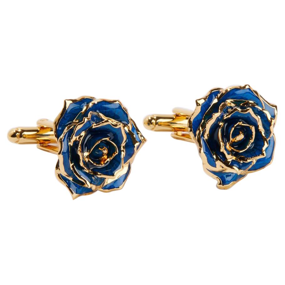 Eternal Rose Blue Velvet Cufflinks, Blue, Gold-Dipped Real Rose, 24k Gold, Gloss For Sale