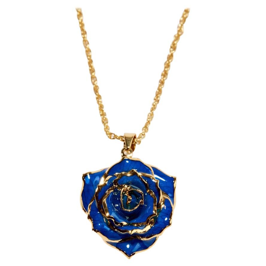 Eternal Rose Blue Velvet Necklace, Blue, Gold-Dipped Real Rose, 24k Gold For Sale