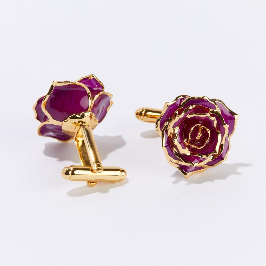 Both vibrant and enchanting, our Fuchsia Eternal Cufflinks make a colorful statement or bold declaration of love. Sultry hues of red and purple play with gold-trimmed real rose petals in these beautifully handcrafted accessories. Our one-of-a-kind