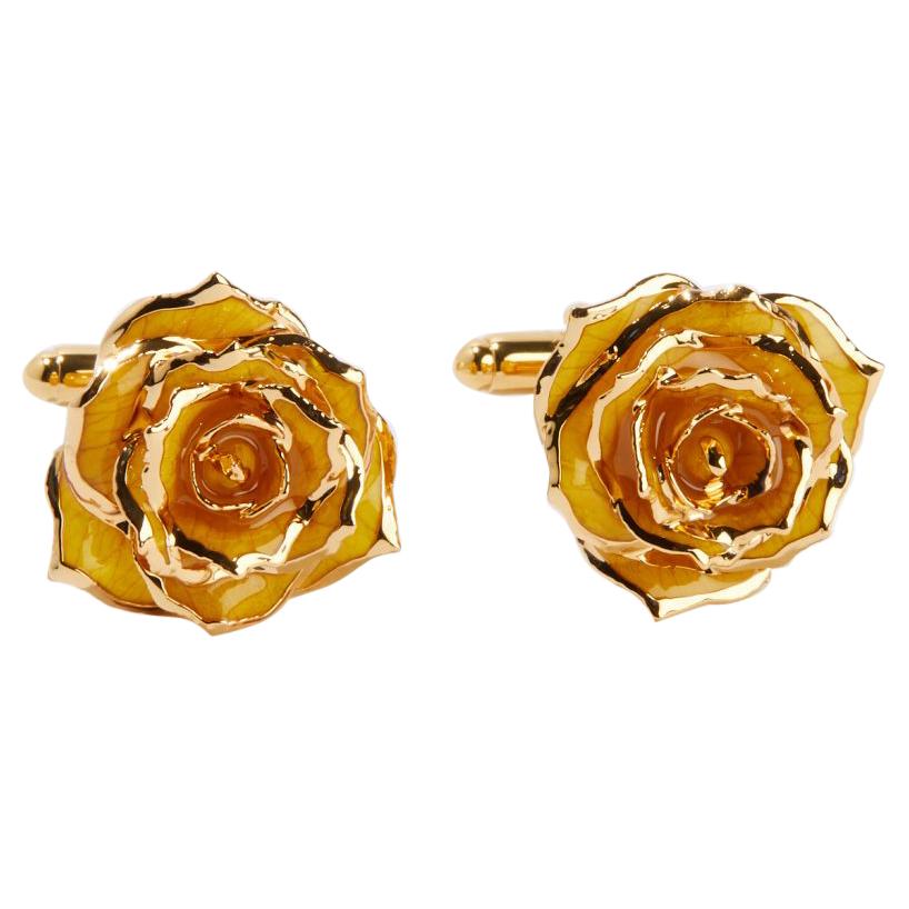 Boutons de manchette en or 24 carats, jaune, orné d'une véritable rose éternelle en vente