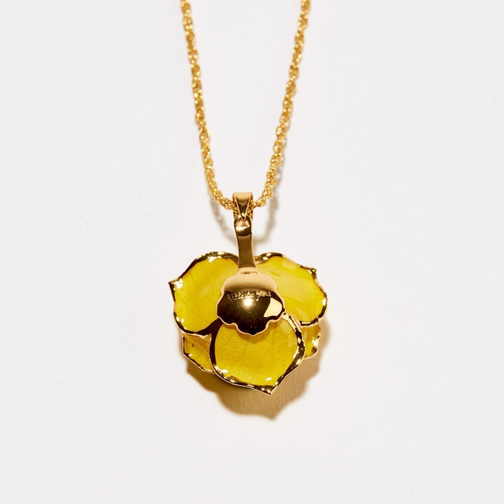 Say forever with our Goldenrod Gift Eternal Necklace. With a rich buttery gold hue, this real rose has gone through a 65 step process to become preserved at the peak of perfection. You can see tiny details in every petal to know that nature lives on