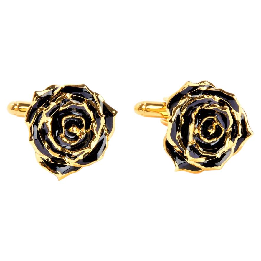  Boutons de manchette « Midnight Promise » en or 24 carats avec roses éternelles, noirs et roses véritables en vente