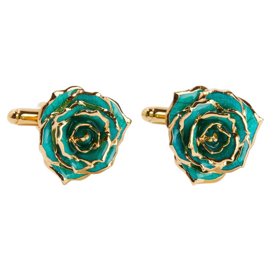 Eternal Rose Teal Rhapsody Cufflinks, Gold-Dipped Real Rose, 24k Gold, Glossy For Sale